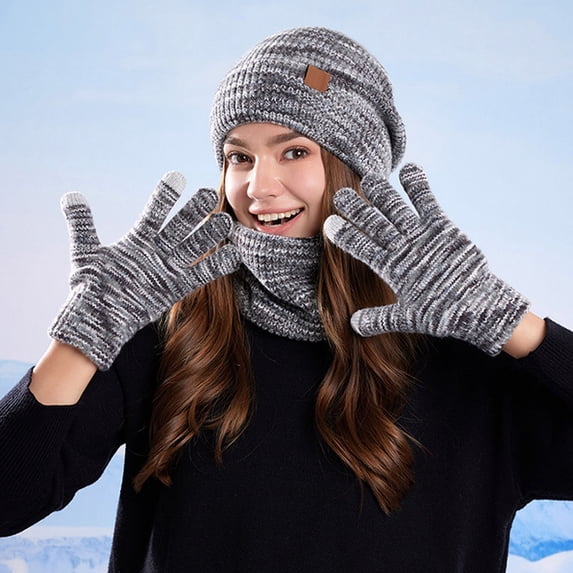 Uobin Winter Knitted Scarf Thermal Soft Warm Lined Cold Weather Hat Set