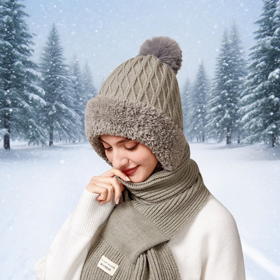 Uobin Winter Thermal Scarf Hat Lined Knitted Ear For Outdoor Activities Cold Weather
