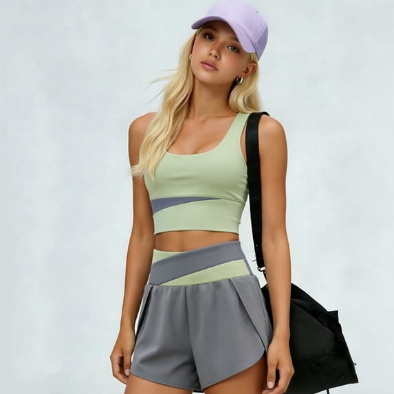 Uobin Women 2 Pieces Yoga Set Sexy Color Block Crop Tank Tops And High Waist Shorts Casual Activewear Outfits