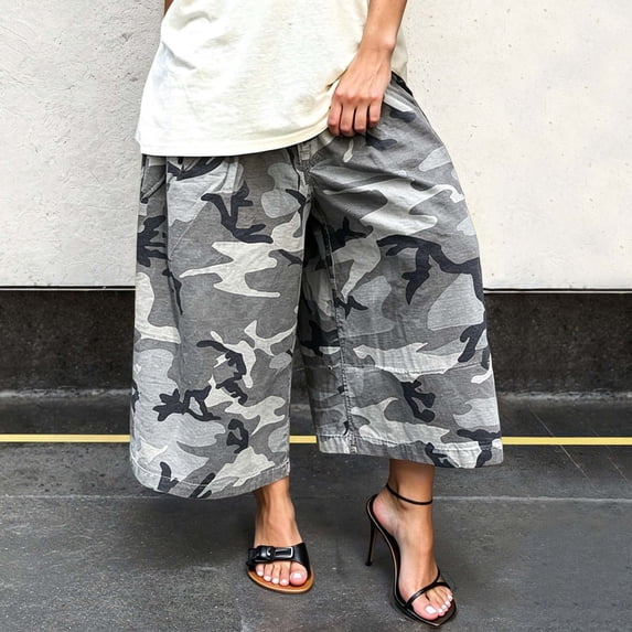 Uobin Women Baggy Cargo Jeans Camo Army Fatigue Wide Leg Harem Cropped Denim Pants Plus Size Jean Trousers