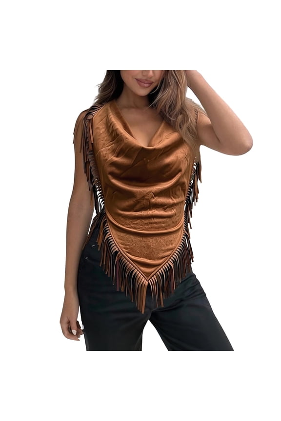 Women Bohemian Style Suede Tassel Halter Top Sleeveless Backless Fashion Casual Summer Blouse