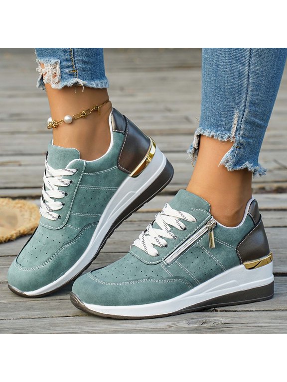 Women Chunky Platform Color Block Sneakers, Side Zip Lace Up Low Top Shoes for Everyday Fashion Wear with Cushioned Insole