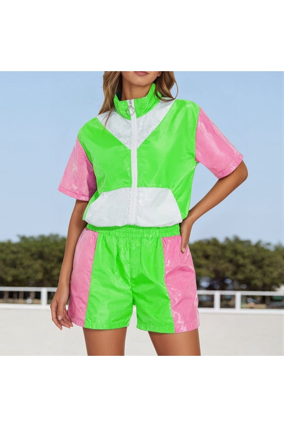 Women Color Block Short Sleeve Tracksuit Set, Stand Collar Half Zip Windbreaker Top & Elastic Waist Shorts Summer Outfit