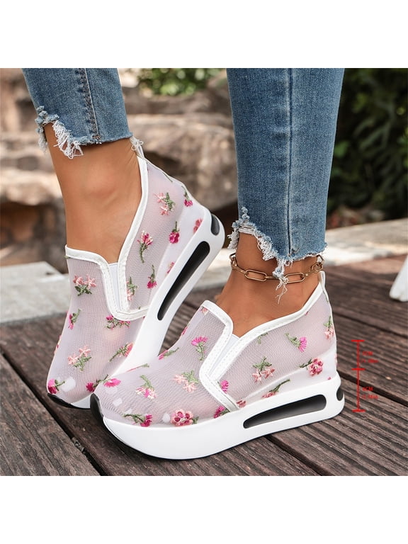 Women Embroidered Floral Platform Sneakers, Breathable Casual Shoes for Spring Fall and Everyday Wear with Cushioned Insole