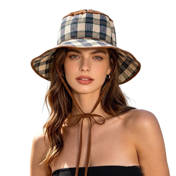 Uobin Women Flat Top Sun Hat, Plaid Color Block Foldable Straw Hat Fashion Casual Breathable Outdoor Shade Cap