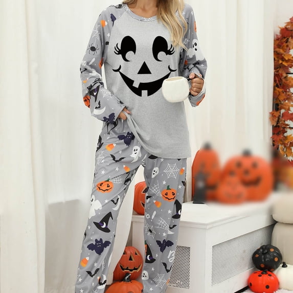 Uobin Women Halloween Pajama Set Casual Pumpkin Graphic Ghost Striped Boho Loungewear Set Comfy Long Sleeve Sleepwear