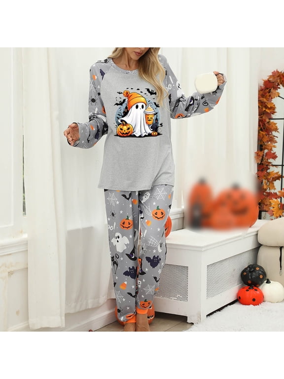 Women Halloween Pajama Set Casual Pumpkin Graphic Ghost Striped Boho Loungewear Set Comfy Long Sleeve Sleepwear