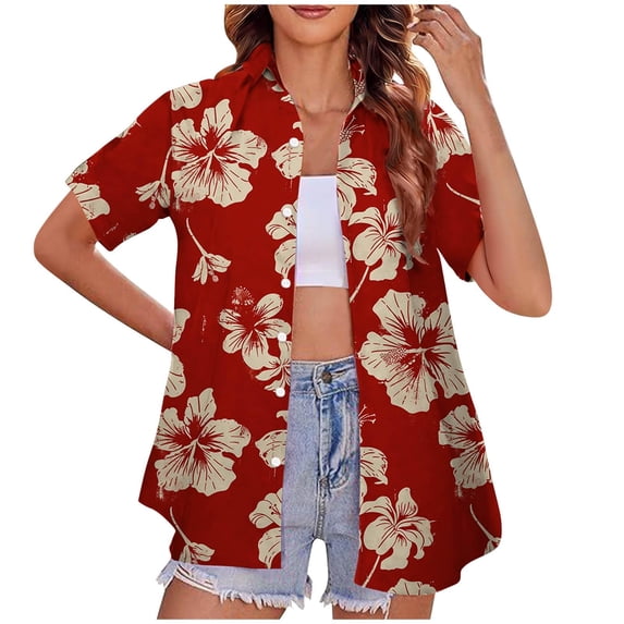Uobin Women Hawaiian Shirt Soft Cool Summer Hawaii Shirts Floral Tropic Print Lapel T-Shirt Short Sleeve Button Up Tops