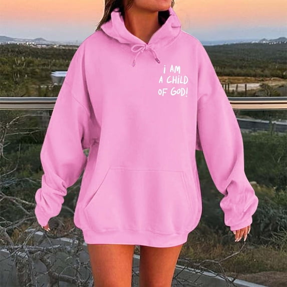 Uobin Women I Am A Child Of God Graphic Hoodie, Inspirational Christian Letter Print Pullover Sweatshirt, Casual Long Sleeve Hooded Top with Front Pocket