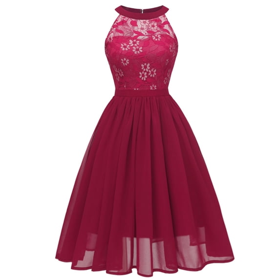 Uobin Women Lace Spliced Chiffon Dress High Waist Backless Bridesmaid Dress Elegant Formal Evening Wedding Guest Swing Dress