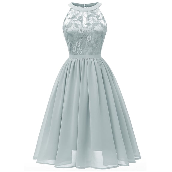 Uobin Women Lace Spliced Chiffon Dress High Waist Backless Bridesmaid Dress Elegant Formal Evening Wedding Guest Swing Dress