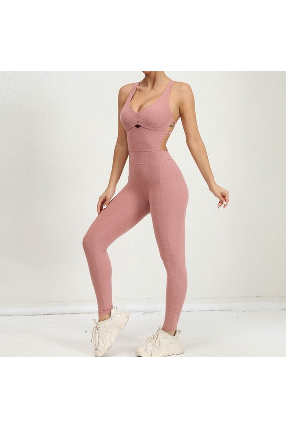 Women Ruched Cutout Open Back One Piece Sports Bodysuit, High Stretch Slim Fit Yoga Jumpsuit for Workout Running Training