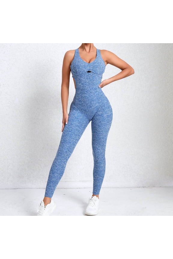 Women Ruched Cutout Open Back One Piece Sports Bodysuit, High Stretch Slim Fit Yoga Jumpsuit for Workout Running Training