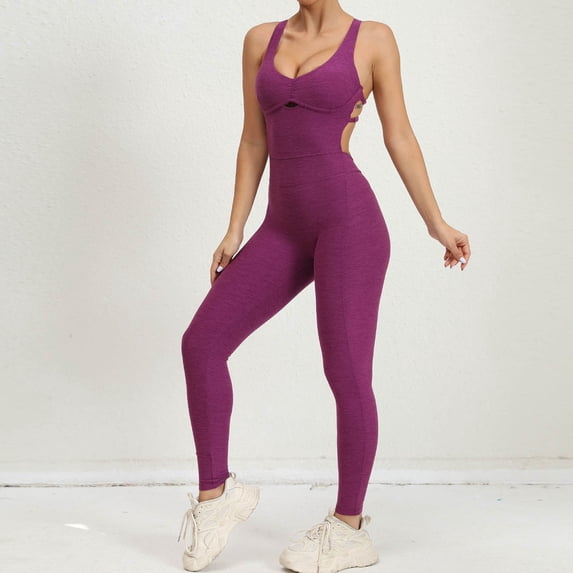 Uobin Women Ruched Cutout Open Back One Piece Sports Bodysuit, High Stretch Slim Fit Yoga Jumpsuit for Workout Running Training