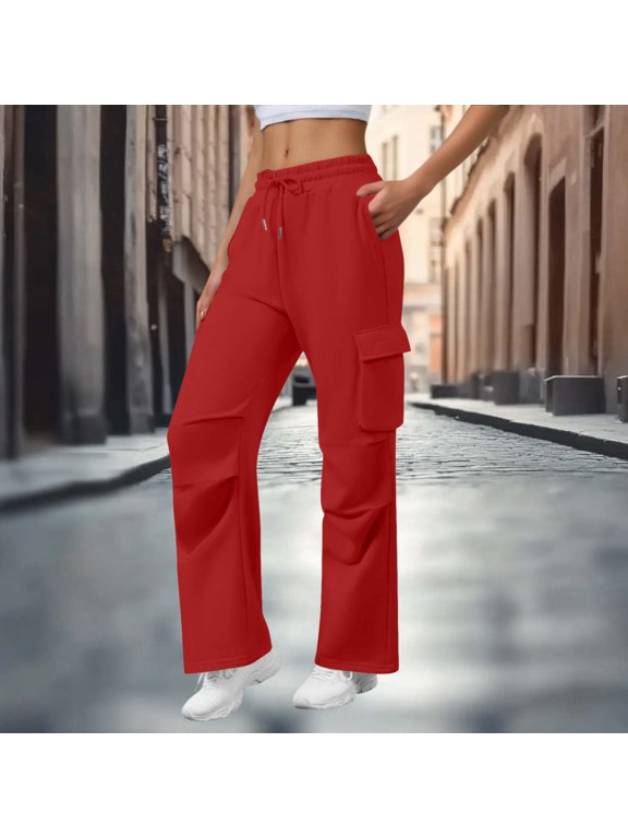 Women Solid Color Cargo Pants, Elastic Waist Workwear Trousers with Pockets for Outdoor Casual Daily Wear with Practical Utility Pocket Deta