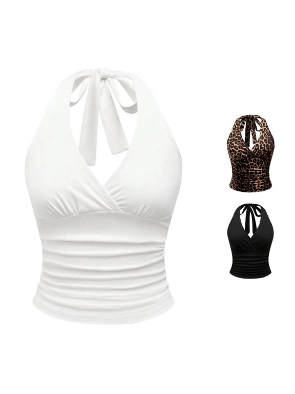 Women Vintage Leopard Print Halter Top Sexy V Neck Backless Sleeveless Slim Crop Tank Top Y2K Hot Girl Fashion Blouse