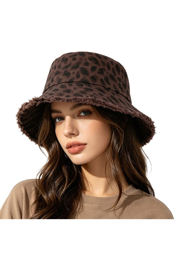 Women Vintage Leopard Print Raw Edge Bucket Hat, Summer Outdoor Hiking Denim Sun Hat Wide Brim UV Protection Shade Hat