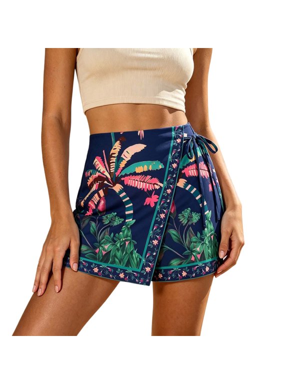 Uobin Women's Boho Mini Skirts Floral Shorts Tie Side Wrap Elastic Waist Summer Lightweight Skorts Beach Vacation Outfits