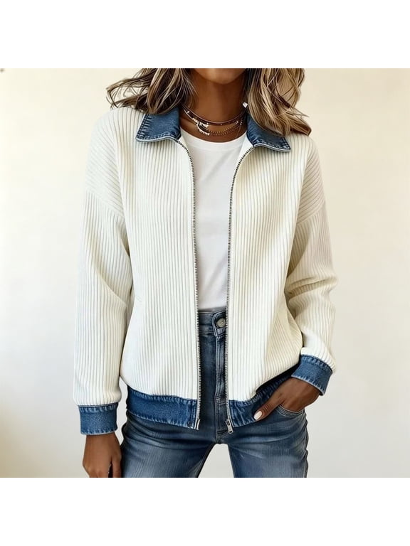 Women's Corduroy Zip‑Up Jacket, Denim Contrast Collar, Cuffs & Hem, Long Sleeve Patchwork Casual Outerwear for Fall Winter, Relaxed Fit Coat for Daily Work Travel