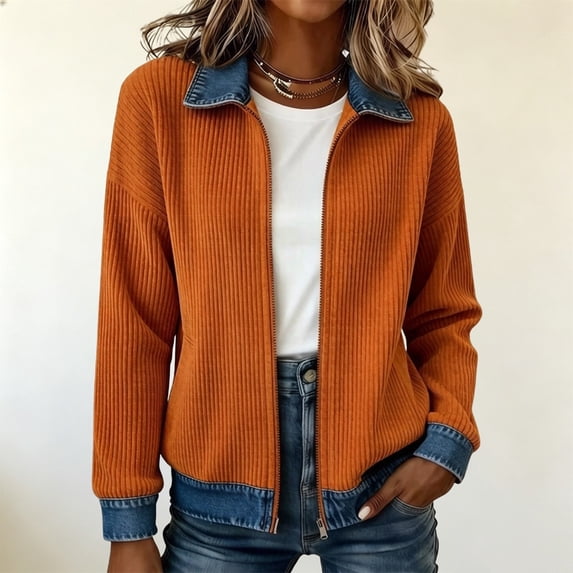Uobin Women's Corduroy Zip‑Up Jacket, Denim Contrast Collar, Cuffs & Hem, Long Sleeve Patchwork Casual Outerwear for Fall Winter, Relaxed Fit Coat for Daily Work Travel