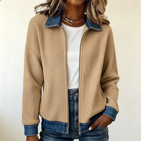 Uobin Women's Corduroy Zip‑Up Jacket, Denim Contrast Collar, Cuffs & Hem, Long Sleeve Patchwork Casual Outerwear for Fall Winter, Relaxed Fit Coat for Daily Work Travel