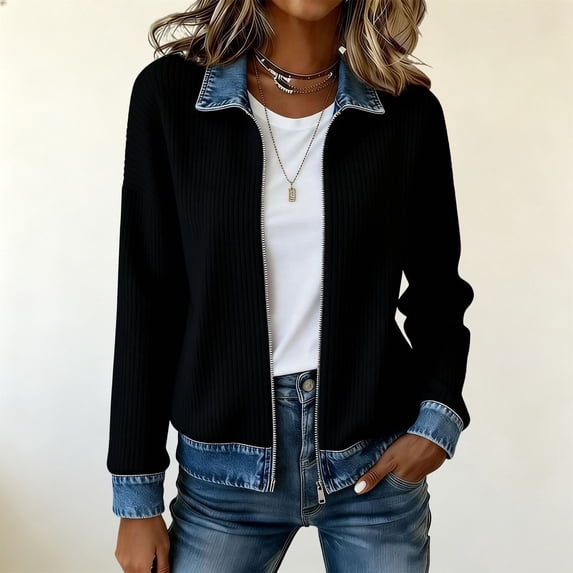 Uobin Women's Corduroy Zip‑Up Jacket, Denim Contrast Collar, Cuffs & Hem, Long Sleeve Patchwork Casual Outerwear for Fall Winter, Relaxed Fit Coat for Daily Work Travel