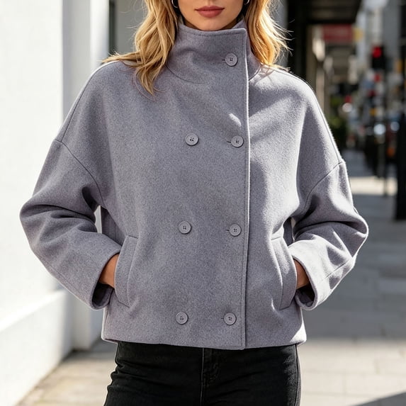 Uobin Women's Cropped Peacoat Double Lapel Short Winter Loose Fit Casual Short Jacket Outwear Loose Drop Shoulder Woolen Outerwear for Fall Winter