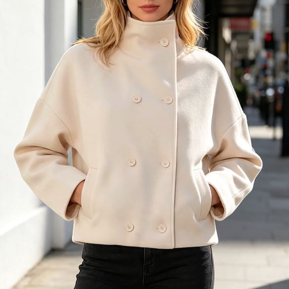 Uobin Women's Cropped Peacoat Double Lapel Short Winter Loose Fit Casual Short Jacket Outwear Loose Drop Shoulder Woolen Outerwear for Fall Winter