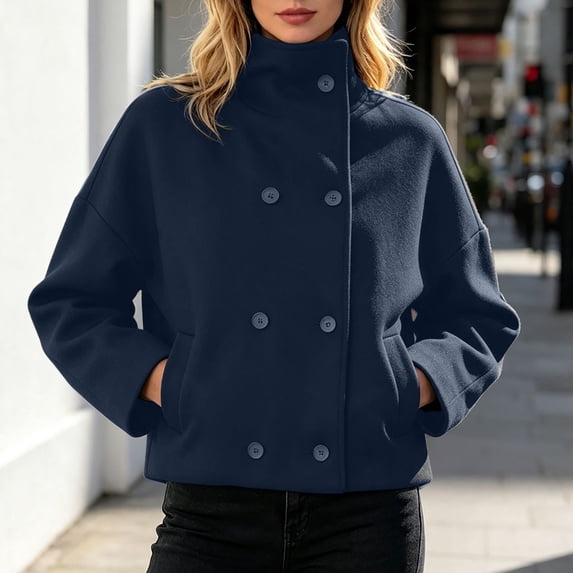 Uobin Women's Cropped Peacoat Double Lapel Short Winter Loose Fit Casual Short Jacket Outwear Loose Drop Shoulder Woolen Outerwear for Fall Winter