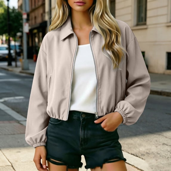 Uobin Women's Cropped ZipâUp Jacket, Lapel Collar Solid Color Long Elasticâ Sleeve Casual Short Outerwear for Fall, Lightweight GoingâOut Utility Coat with Elastic Hem, Full Lining