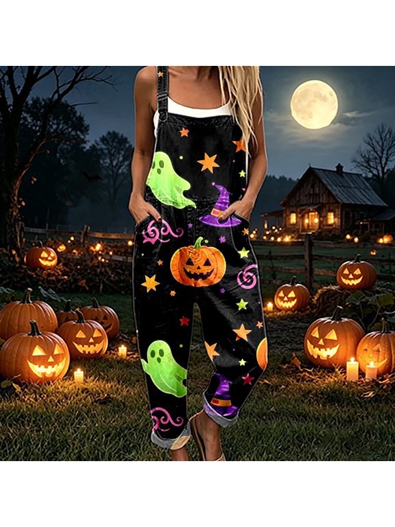 Women’s Halloween Print Jumpsuits, Loose‑Fit Lightweight Casual Overalls Rompers For Halloween Parties And Daily Casual Wear