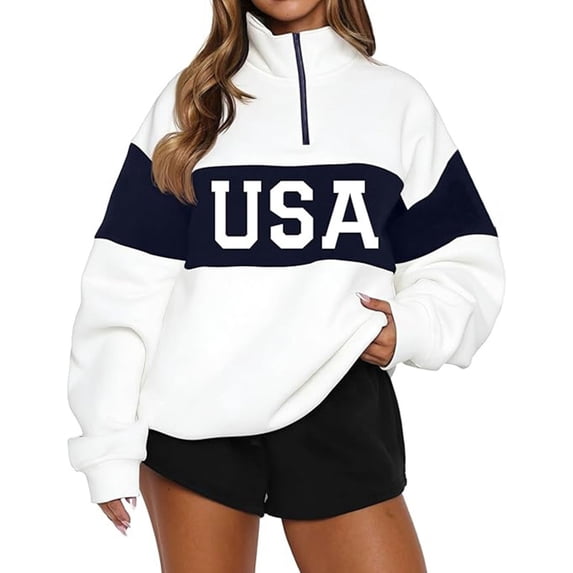Uobin Women's Oversized USA Graphic Letter Print Sweatshirts Crewneck Patriotic Pullover Tops Winter Sweater