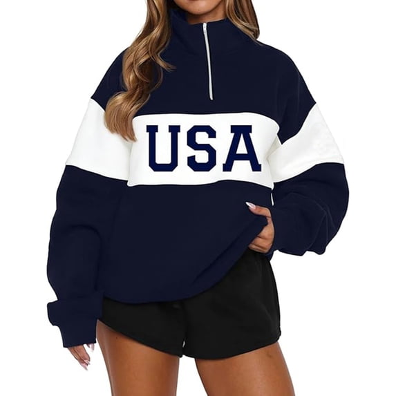 Uobin Women's Oversized USA Graphic Letter Print Sweatshirts Crewneck Patriotic Pullover Tops Winter Sweater