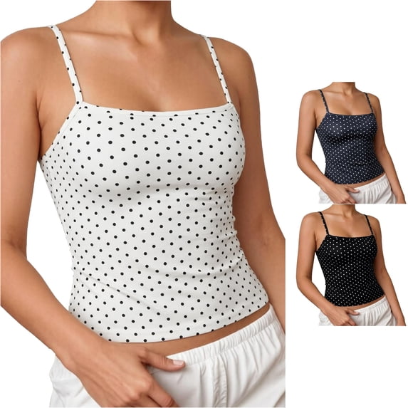 Uobin Women's Polka Dot Crop Tank Top Adjustable Spaghetti Straps Sleeveless Y2K Square Neck Going Out Fitted Basic Camisole Shirt