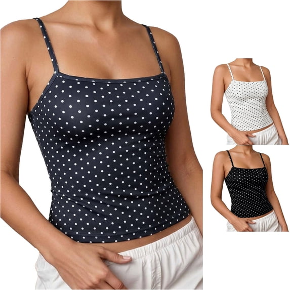 Uobin Women's Polka Dot Crop Tank Top Adjustable Spaghetti Straps Sleeveless Y2K Square Neck Going Out Fitted Basic Camisole Shirt