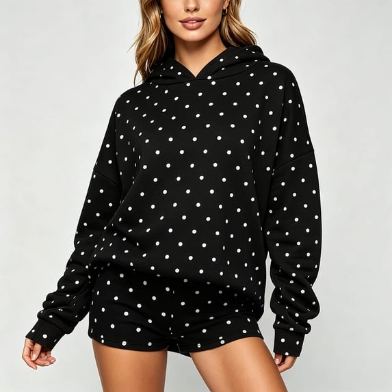 Uobin Women’s Polka Hooded Shorts Two Long Sleeve Oversized Hoodie And Matching Shorts Y2K Sweatsuits