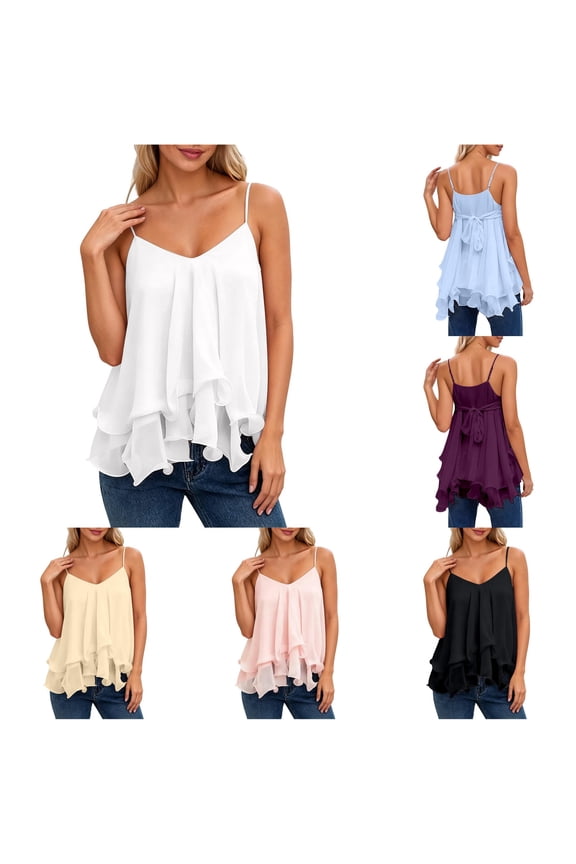 Women's Ruffled Chiffon Camisole Top Flowy Layered Spaghetti Strap Tank Elegant V Neck Blouse Dresses