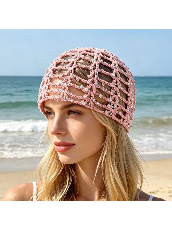 Women's Sequin Mesh Hair Net Cap Hollow Knit Head Wrap Bohemian Retro Turban Hat Summer Beach Sun Shade Cap Breathable
