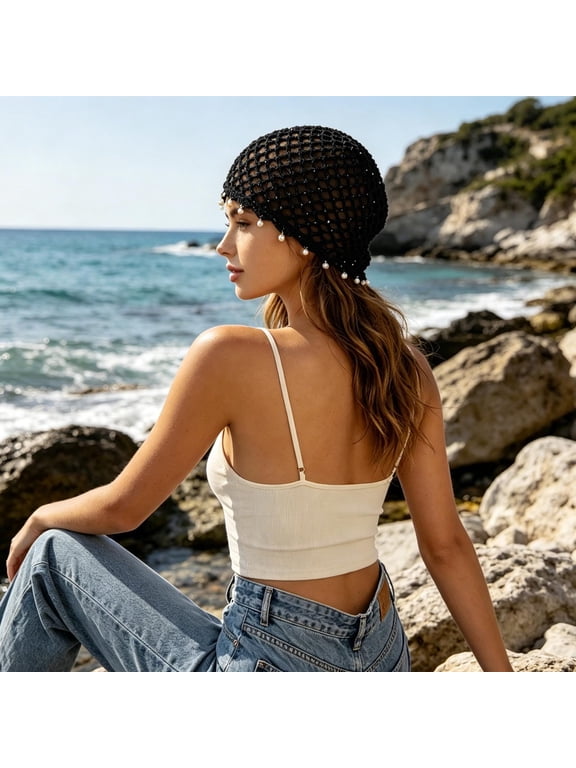 Women's Sequin Pearl Tassel Knit Head Wrap Bohemian Hollow Weave Turban Hat Retro Ethnic Style Summer Hair Cover Shade Cap