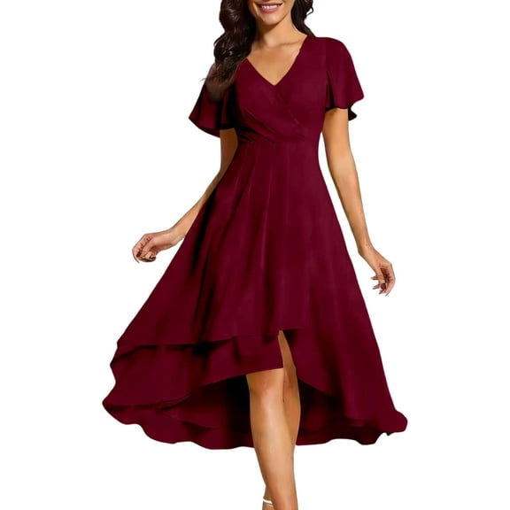 Uobin Women's Summer Chiffon Dress V Neck Ruched Short Sleeves Elegant Casual Party Dress for Outdoor Events And Daily Wear