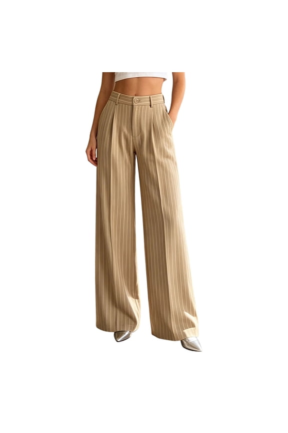 Women‘s Wide Leg Pants Effortless High Washion Striped Straight Business Work Dressy Slacks Trousers with Pockets