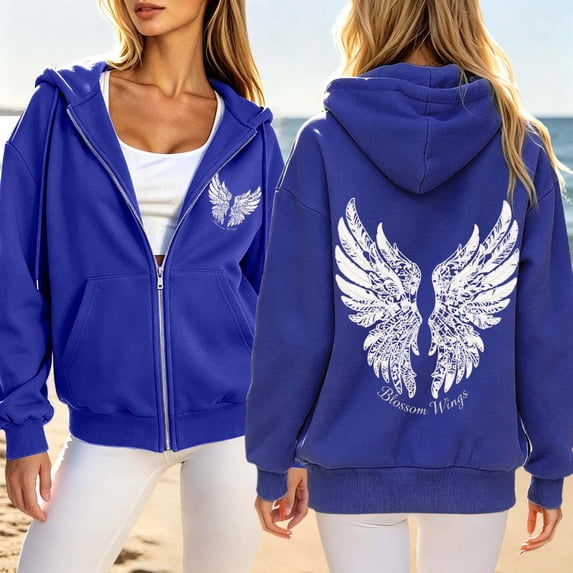 Uobin Womens Angel Wings Hoodie Trendy Long Sleeve Sweatshirt Baggy Drawstring Sweat Shirt Casual Pullover Tops with Pocket