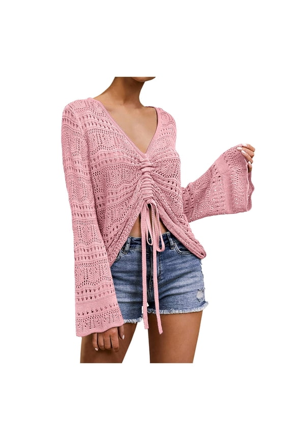 Womens Boho Off Shoulder Sheer Crop Tops Beach Cover Ups Bell Sleeve Flowy Oversized Crochet Ruched Pullover Sweaters