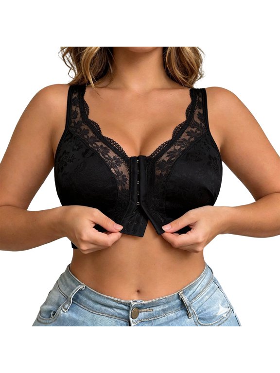 Womens Front Buckle Bra Full Coverage Wirefree Lace Wide Strap Push Up Comfortable Supportive Bra