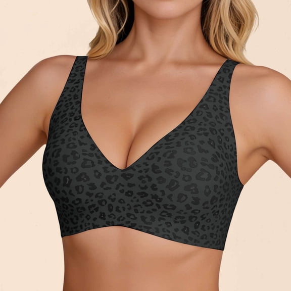 Uobin Womens Jelly Bras Plunge Wireless Bralette Leopard Print Bras | Comfortable, Deep V, Minimizer, No Underwire Bralettes, Support and Lift, V-Neck, Soft Adjustable Straps, Everyday Wear