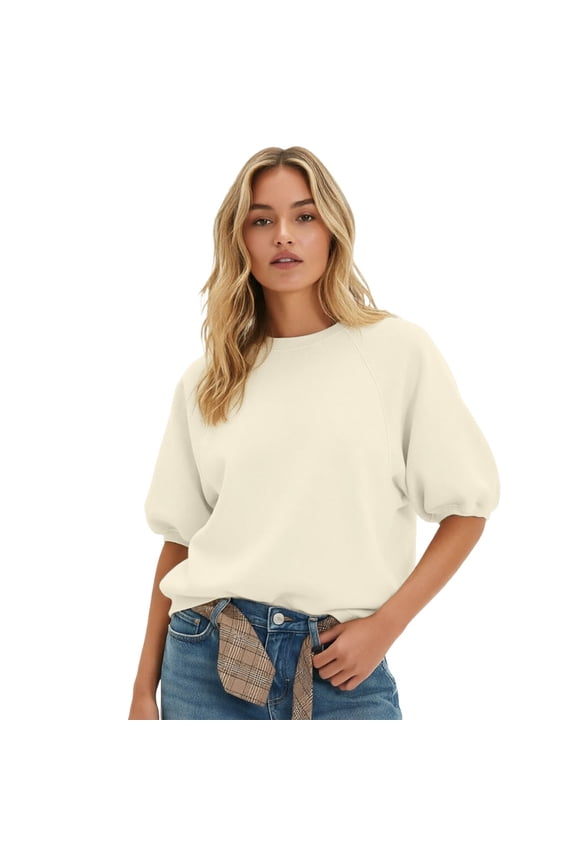 Womens Oversized Short Sleeve Sweatshirts Crew Neck Puff Sleeve Tops Casual Basic Spring Summer Tops