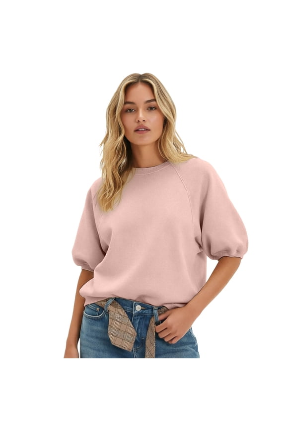 Womens Oversized Short Sleeve Sweatshirts Crew Neck Puff Sleeve Tops Casual Basic Spring Summer Tops