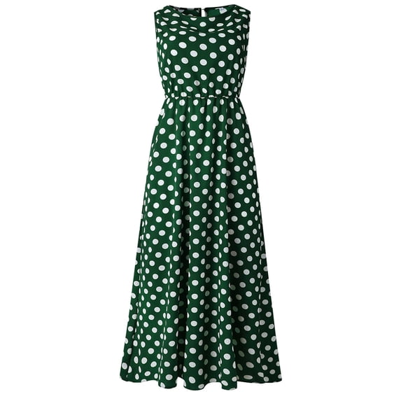 Uobin Womens Polka Dot Dress Round Neck Sleeveless A Line Pleated Loose Ruched Flowy Casual Tank Dresses Sundresses
