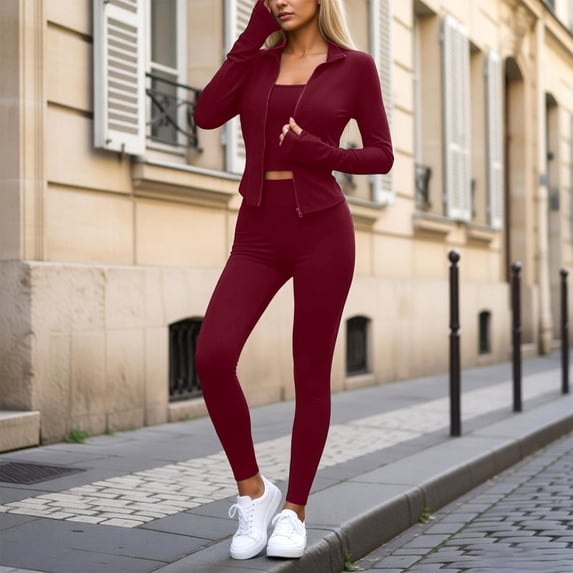 Uobin Womens Workout Sets 3 Piece Seamless Long Sleeve Jacket Scrunch Leggings Racerback Sports Bra Yoga Gym Outfits