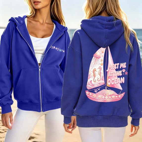 Uobin Womens Zip Up Hoodies Long Sleeve Cute Cartoon Print Lightweight sweatshirt Loose Fit Workout Plain Hoodies Y2K Jacket with Pockets 2026 Fashion Clothes